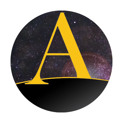 Circular orb logo with an A on a starry field with lens flare